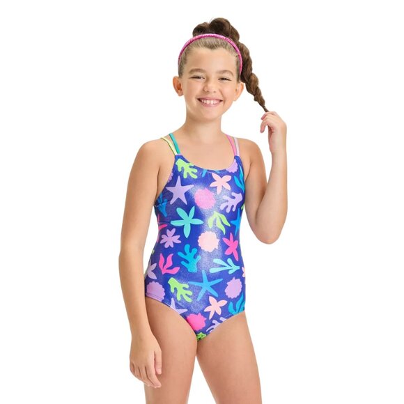 Girls Underwater Abstraction Star Fish Printed One Piece Swimsuit - Size: XL 14 - Picture 1 of 8